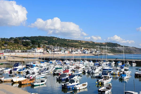Lyme Regis September 2022 Jachten Vissersboten Afgemeerd Haven Met Uitzicht — Stockfoto