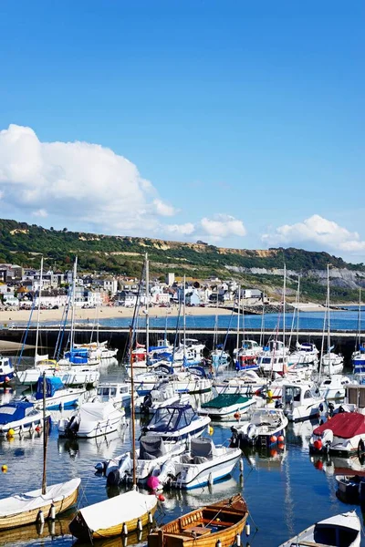 Lyme Regis September 2022 Yachts Motor Boats Moored Harbour Views — Stock Photo, Image