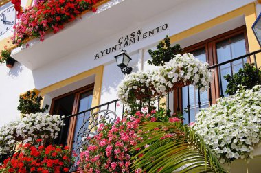 BENAHAVIS, SPAIN - 28 Haziran 2010 - 28 Haziran 2010 'da Benahavis, İspanya, İspanya' da yaz boyunca güzel çiçeklerle belediye binasının (Ayuntamiento) ön manzarası