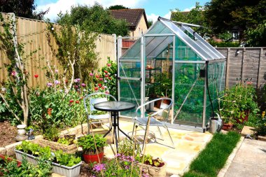 New modern polycarbonate hybrid greenhouse with a table and chairs in the foreground, Chard, Somerset, UK, Europe clipart