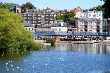 EXETER, UK - 22 AĞUSTOS 2023 - Exe Nehri üzerindeki Cricklepit asma köprüsünün ön planda ve rıhtımdaki restoranın arka tarafında, Exeter, Devon, İngiltere, Avrupa, 22 Ağustos 2023.