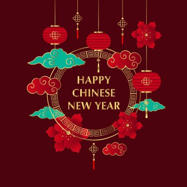 Çin Yeni Yılı 2025 İnternet afişi illüstrasyonu. Kırmızı arka planda gerçekçi altın domuz oyuncağı süslemesi.