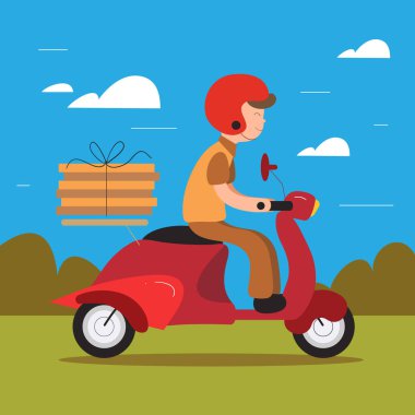 Scooter 'ı ve motosikleti olan teslimatçı çocuk.