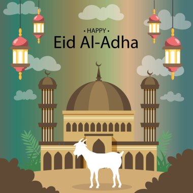 Kurban Bayramı Mübarek, cami mavi arka planda asılı, vektör