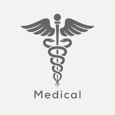 Caduceus tıbbın sembolü. Kanatları ve iki yılanı olan asa, Hermes asası. Sade. Beyaz arka planda izole edilmiş. Vektör illüstrasyonu