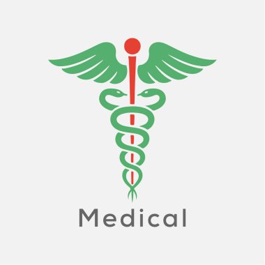 Caduceus tıbbın sembolü. Kanatları ve iki yılanı olan asa, Hermes asası. Sade. Beyaz arka planda izole edilmiş. Vektör illüstrasyonu