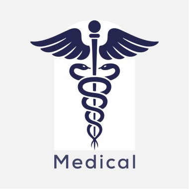 Caduceus tıbbın sembolü. Kanatları ve iki yılanı olan asa, Hermes asası. Sade. Beyaz arka planda izole edilmiş. Vektör illüstrasyonu