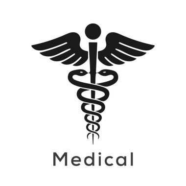 Caduceus tıbbın sembolü. Kanatları ve iki yılanı olan asa, Hermes asası. Sade. Beyaz arka planda izole edilmiş. Vektör illüstrasyonu