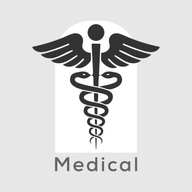 Caduceus tıbbın sembolü. Kanatları ve iki yılanı olan asa, Hermes asası. Sade. Beyaz arka planda izole edilmiş. Vektör illüstrasyonu