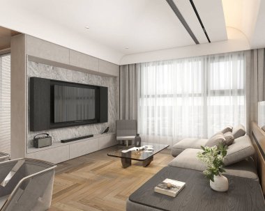 Konforlu bir kanepesi, mermer aksanlı duvarı olan büyük bir televizyonu ve katıksız perdeleri olan parlak bir penceresi olan açık planlı modern oturma odası.