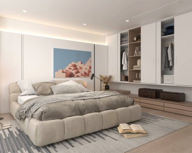 Rahat bir yatağı olan modern ve şık bir yatak odası soyut sanatsal bir dekor ve temiz bir estetik için tasarlanmış geniş bir depo.