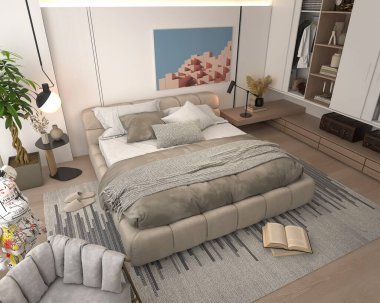 Yukardan bakıldığında modern ve şık bir yatak odası, rahat bir yatak odası, soyut sanat içeren sanatsal bir dekor, ve doğal ışık sağlayan büyük bir pencere.