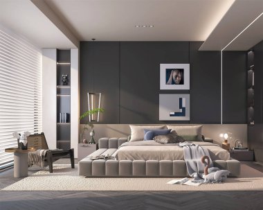 Gösterişli ve lüks modern bir yatak odası, düşük profilli bir yatak odası, karanlık bir aksan duvarı, sanatsal bir dekor, ve sofistike olmak için tasarlanmış şık bir ışıklandırma.