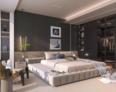 Gösterişli ve lüks modern bir yatak odası, düşük profilli bir yatak odası, karanlık bir aksan duvarı, sanatsal bir dekor, ve sofistike olmak için tasarlanmış şık bir gardırop.