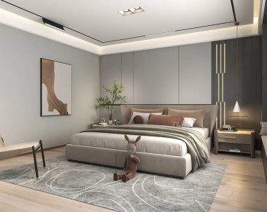 Rahat bir yatağı, sanatsal dekoru, zarif ışıklandırması ve rahatlatıcı bir mekanı olan modern ve şık bir yatak odası.