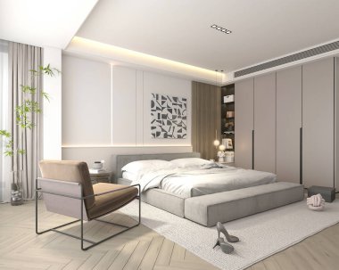 Rahat bir yatağı, soyut bir sanatı, minimalist bir gardırobu ve sakin bir yer için tasarlanmış şık bir aksanlı koltuğu olan modern ve şık bir yatak odası.