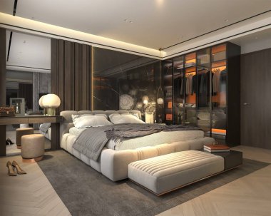 Lüks ve modern bir yatak odası, rahat bir yatağı, zarif bir gardırobu, sanatsal bir duvar dekoru ve sofistike bir şekilde tasarlanmış şık bir ışıklandırması var.