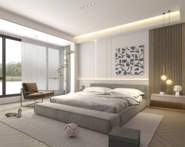 Rahat bir yatağı, soyut sanatı, şık bir aksanlı koltuğu ve doğal ışık sunan perdeleri olan geniş bir penceresi olan modern ve şık bir yatak odası.