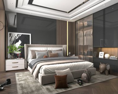 Lüks ve modern bir yatak odası, rahat bir yatak odası, zarif bir gardırop ve raf, şık bir ışıklandırma, ve siyah bir aksan duvarı.