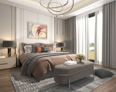 Konforlu yatağı, soyut sanatı, eşsiz dairesel avizesi ve manzaralı geniş penceresi olan lüks ve modern bir yatak odası.