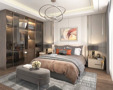 Lüks ve modern bir yatak odası, rahat bir yatak odası, soyut bir sanat eseri, eşsiz dairesel bir avize, ve şık bir gardırop.