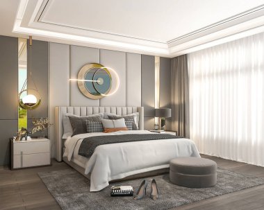 Lüks ve modern bir yatak odası, rahat bir yatağı, zarif ışıklandırması, şık komodinleri ve katıksız perdeleri olan büyük bir penceresi olan sanatsal bir duvar dekoru.