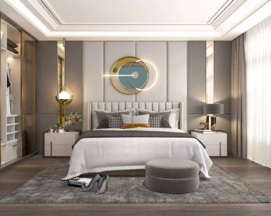 Lüks ve modern bir yatak odası rahat bir yatak odası, sanatsal duvar dekorasyonu, zarif bir gardırop ve şık bir ışıklandırma.