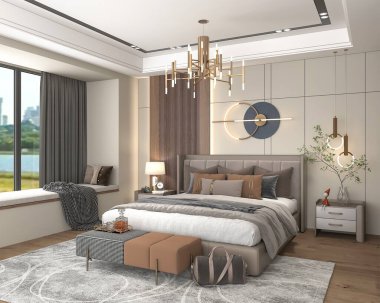 Lüks ve modern bir yatak odası, rahat bir yatak odası, sanatsal bir duvar dekoru, şık bir avize, ve geniş bir pencere kenarı ve sakin manzarası olan bir pencere.