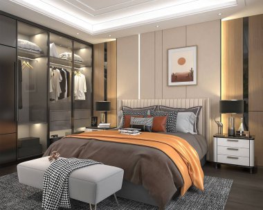 Lüks ve modern bir yatak odası, rahat bir yatak odası, soyut çöl sanatı, zarif bir gardırop ve şık bir ışıklandırma.