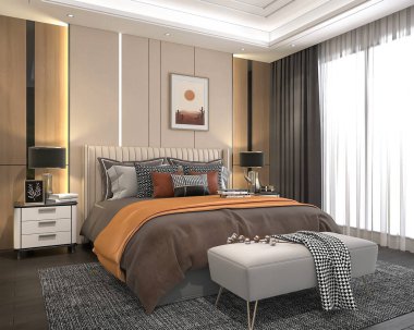 Lüks ve modern bir yatak odası, rahat bir yatak odası, soyut çöl sanatı, zarif ışıklandırma ve şık bir yer için tasarlanmış şık mobilyalar.