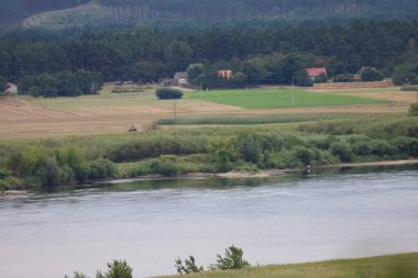 Polonya 'nın Swiecie kenti yakınlarındaki Vistula Nehri' nin manzarası, yeşil ve doğal manzarayla çevrili, ufukta görünen küçük binalar parlak bir gökyüzünün altında..