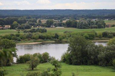 Polonya 'nın Swiecie kenti yakınlarındaki Vistula Nehri' nin manzarası, yeşil ve doğal manzarayla çevrili, ufukta görünen küçük binalar parlak bir gökyüzünün altında..