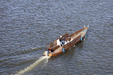 Motorboat moving along the Vistula River, creating waves and capturing dynamic water motion, travel, leisure, and river scenery in a natural landscape.