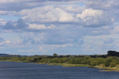 Vistula Nehri 'nin sağ yakasının manzarası yoğun bitki örtüsü ve ağaçlarla kaplı bulutlu bir gökyüzünün altında doğal manzara, nehir ekosistemi ve orman kıyılarını gösteriyor..