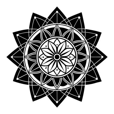 Geometrik elementlere sahip detaylı bir mandala sahip. Şeffaf bir arkaplan karşısında simetri, denge ve dekoratif tasarım gösteren çarpıcı bir süs..