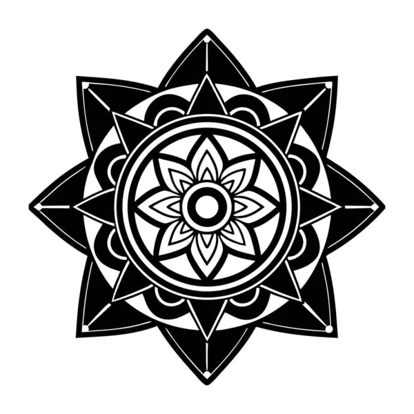 Siyah ve beyaz estetik olarak yaratılmış ve şeffaf bir arkaplan üzerine kurulmuş karmaşık çiçek desenli simetrik geometrik bir mandala tasarımı var..