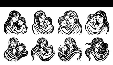 Bir dizi monokrom çizgisi, çocuğunu kucaklayan sevgi dolu bir anneyi resmediyor. Şeffaf bir arkaplan üzerinde temiz ve zarif bir çizgi çalışması.