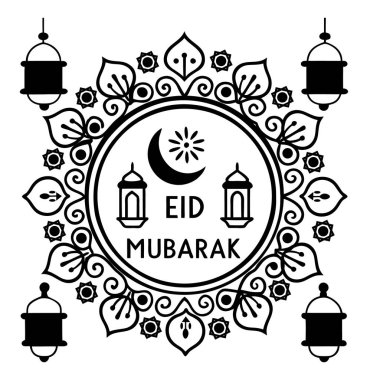 Çemberin içinde hilal şeklinde bir ay ve bir yıldız barındıran çiçekli bir tasarım, şeffaf bir arka planda asılı fenerler, siyah ve beyaz renkte..