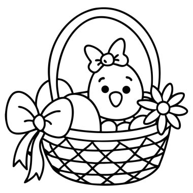 İçinde yay takan bir piliç, süslü yumurtalar ve çiçekle dolu bir sepet çizimi var. Hepsi de şeffaf bir arkaplanda..