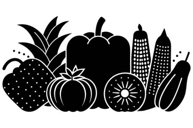 Şeffaf arkaplanda ananas, dolma biber, domates, kabak ve kivi gibi çeşitli meyve ve sebzelerden oluşan monokrom siluetinde durgun bir yaşam sunar..