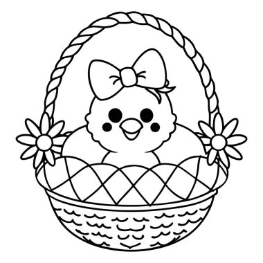 Şeffaf bir arkaplanda çiçek desenli hasır bir sepetin içine yerleştirilmiş fiyonklu bir karikatür yavrusu tasviri. Sevimli ve basit bir sanat eseri..