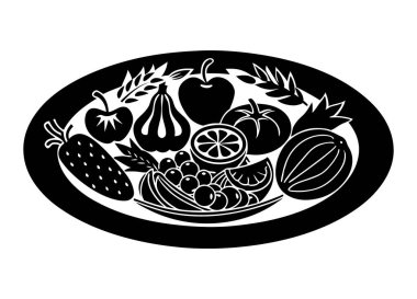 Elma, portakal dilimi, muz ve üzüm gibi çeşitli meyveler, şeffaf bir arkaplan ile izole edilmiş, bir tabakta siyah siluet..