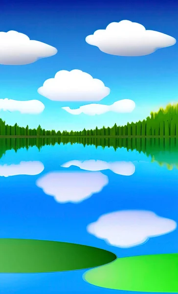 Nature Scenery Its Reflection Lake Partly Cloudy Weather — Stock Vector