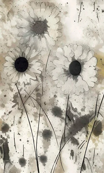 ink painting wild flowers in nature