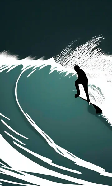 Yüksek Okyanus Dalgaları Siyah Beyaz Çizgileri Olan Sörfçü — Stok Vektör
