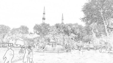 Eyup, İstanbul, Türkiye. 31 Aralık 2022 tarihi Eyp Sultan Mezarı ve Camii, İstanbul 'un Eyp ilçesinde, şehir duvarlarının dışında ve Haliç' e yakındır. İnsanlarla ve çizgi film efektleriyle tarihi bina ve kare görüntüsü.