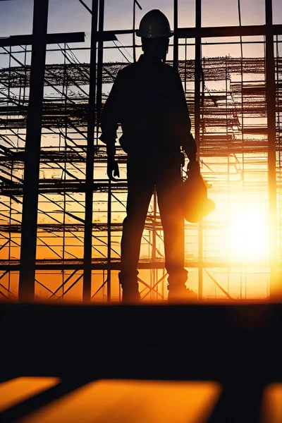silhouette of worker at the construction site at sunset