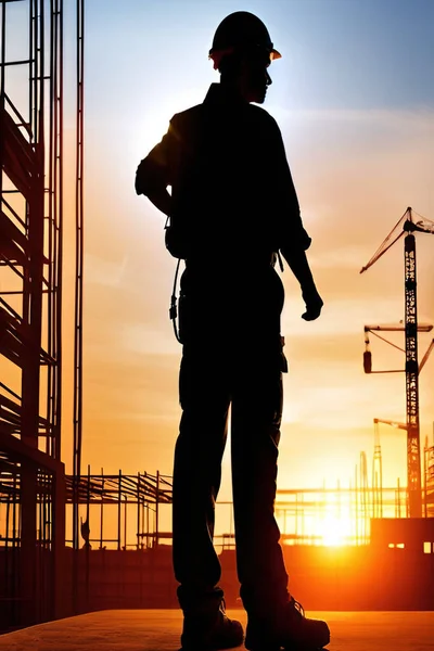 silhouette of worker at the construction site at sunset