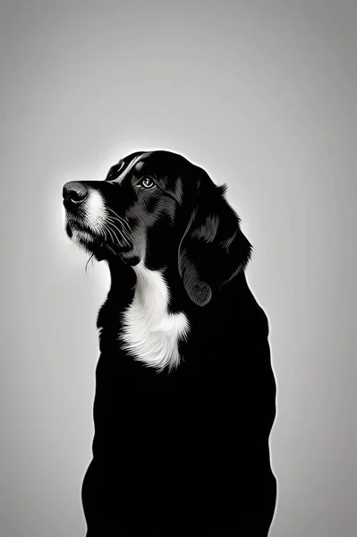 Portrait of a black and white dog on a background.