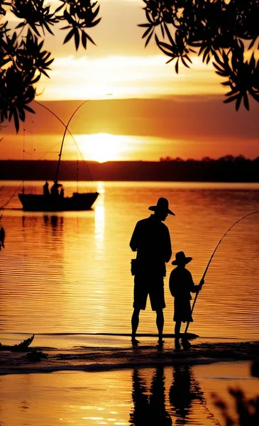 silhouette of people fishing in nature and lake